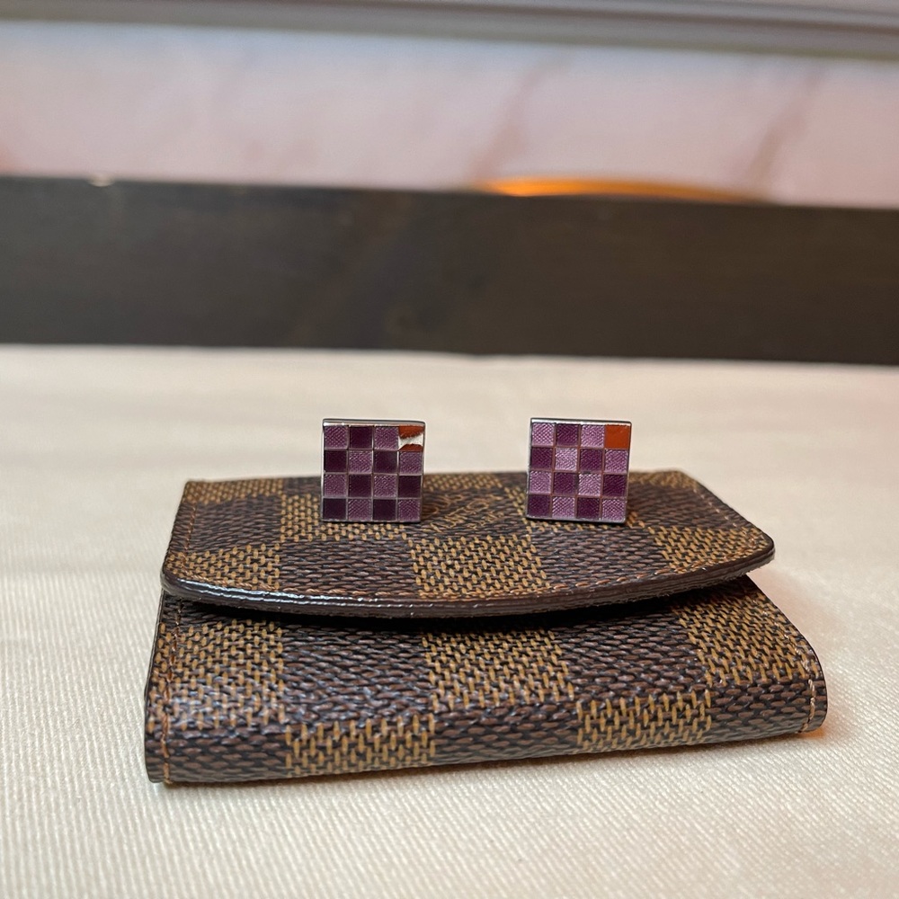 Louis Vuitton Sterling "Damier" Guilloche Enamel Cufflinks with case